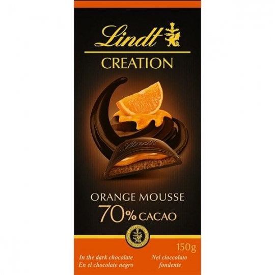 LINDT CREATION Dunkle Schokolade 70% Kakao gefüllt mit Orangenmousse Tafel 150 g
