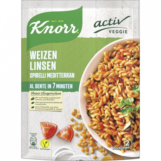  Knorr Vegan  Activ Veggie Spirelli Mediterran Vegan Domates Mercimek Soslu Makarna 143g
