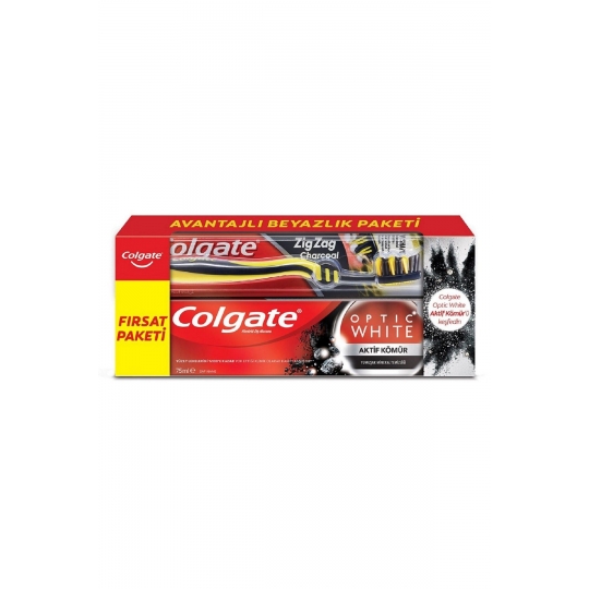 Optik Beyaz Aktif Kömür Diş Macunu 75 ml + Zigzag Charcoal Diş Fırçası Medium